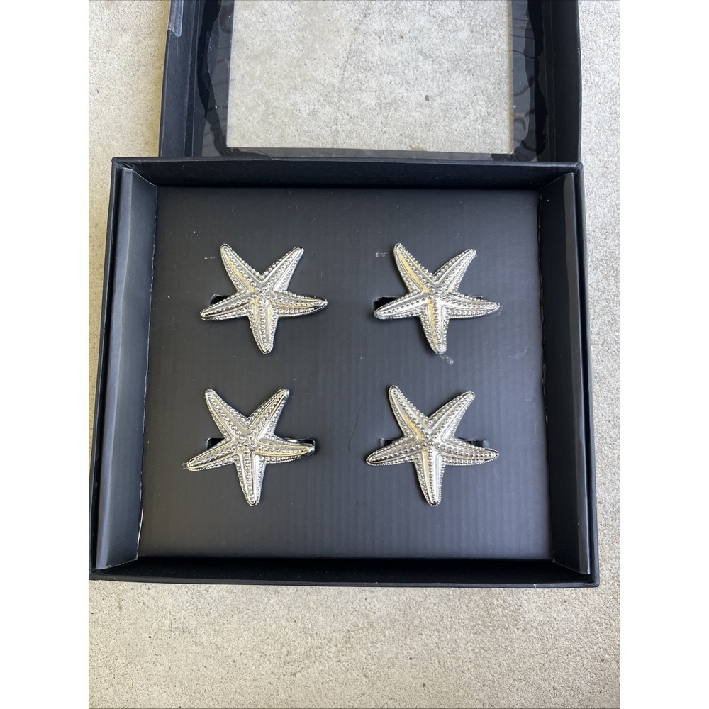 NEW Set of 4 Tahari Starfish Seashore Beach Themed Silver Napkin Ring Holders